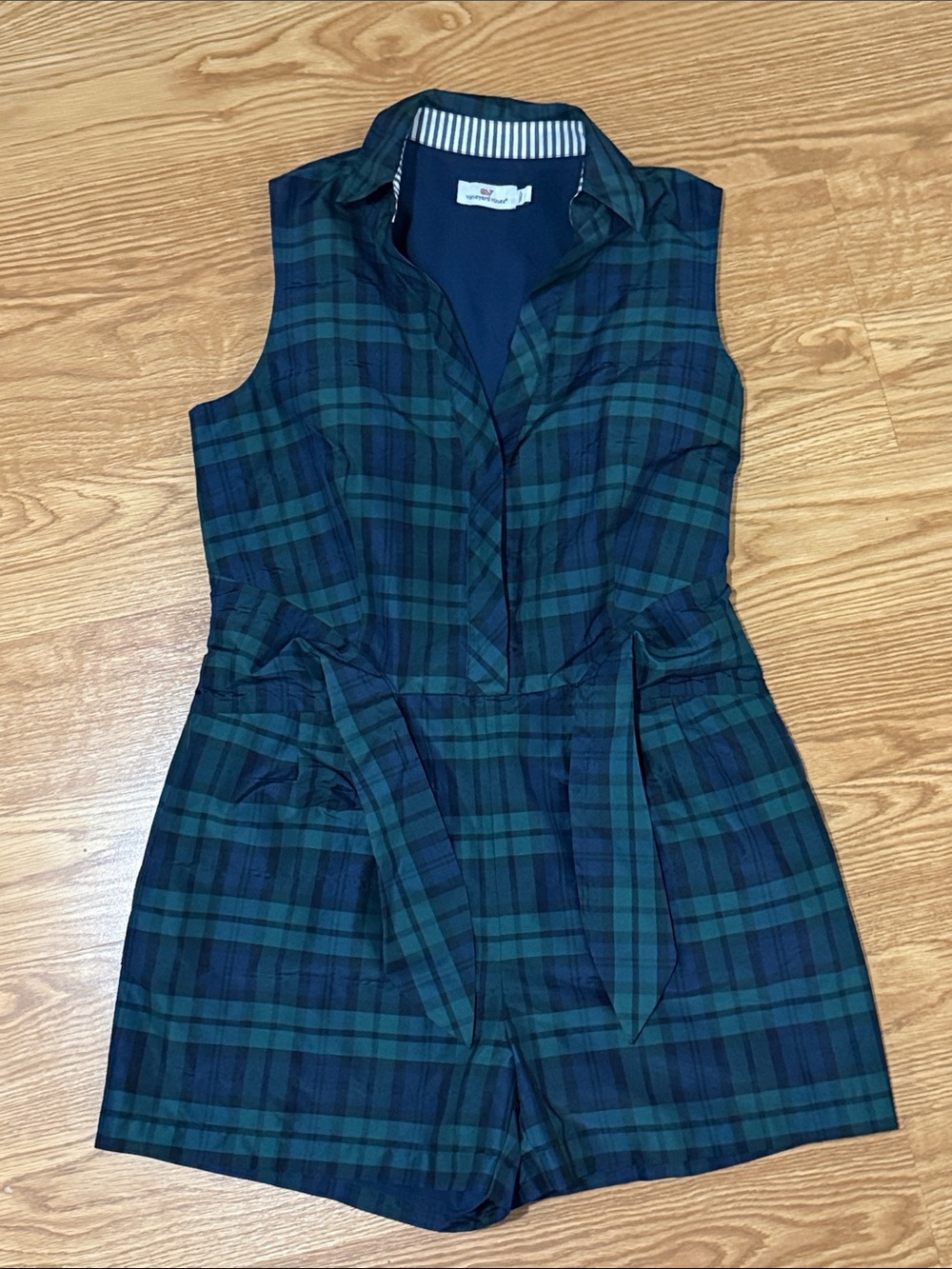 Vineyard Vines Navy and Green Plaid Sleeveless Collared Romper